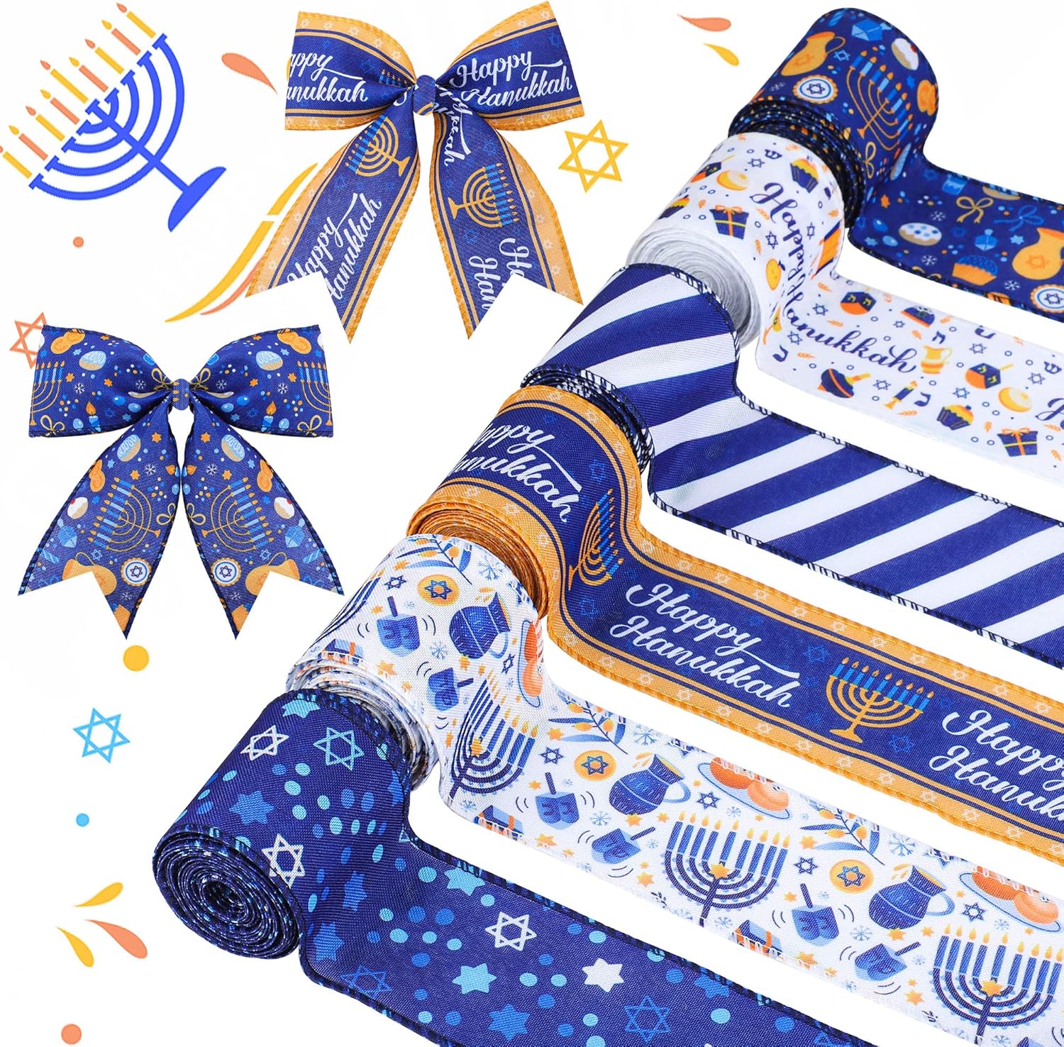 Amazon.com: 6 Rolls Hanukkah Ribbons Wired Royal Blue White Burlap ...