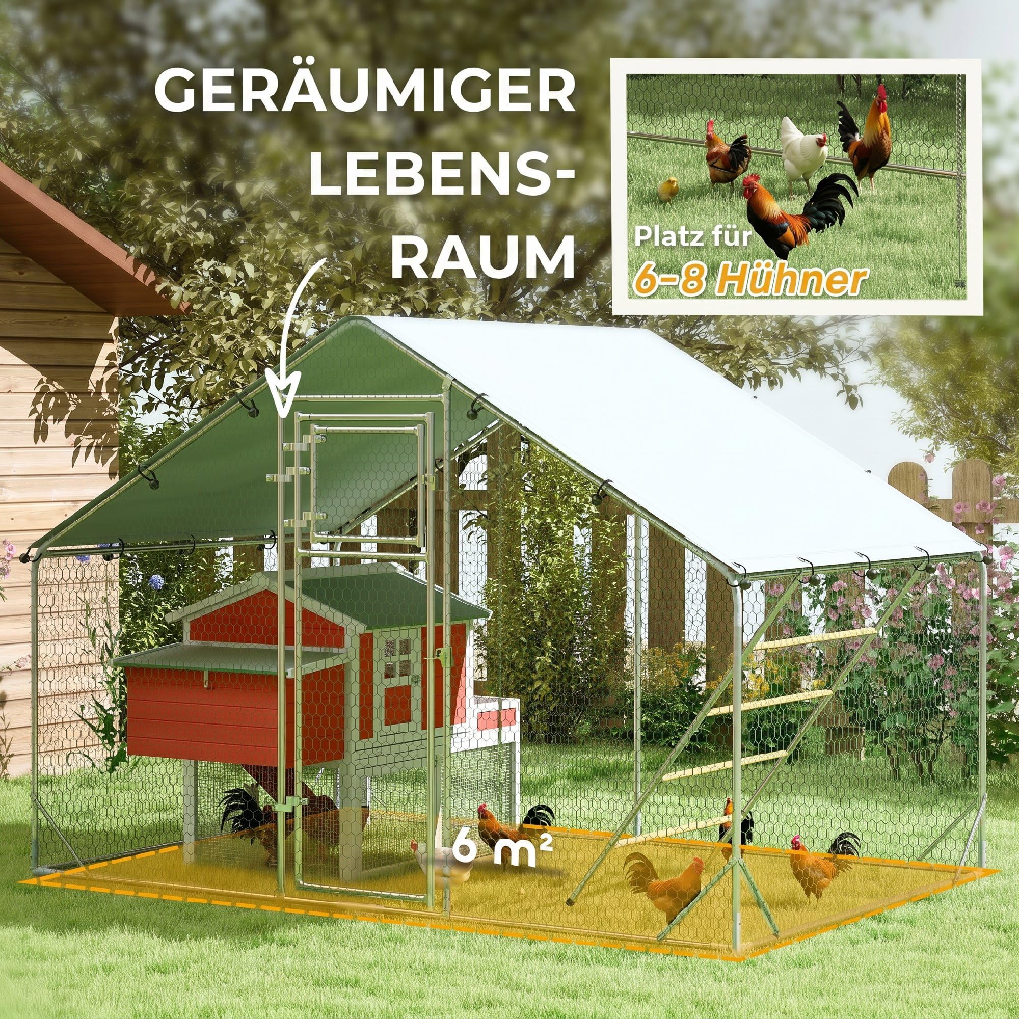 PawHut Hühnerstall 3x2x2 m Freilaufgehege Hühnergehege 6-8 Hühner Silber | Freigehege aus Verzinktem Stahl, UV-beständiger Dachabdeckung, Futtertür, Hängefütterung, Sitzstange, Kleintiere