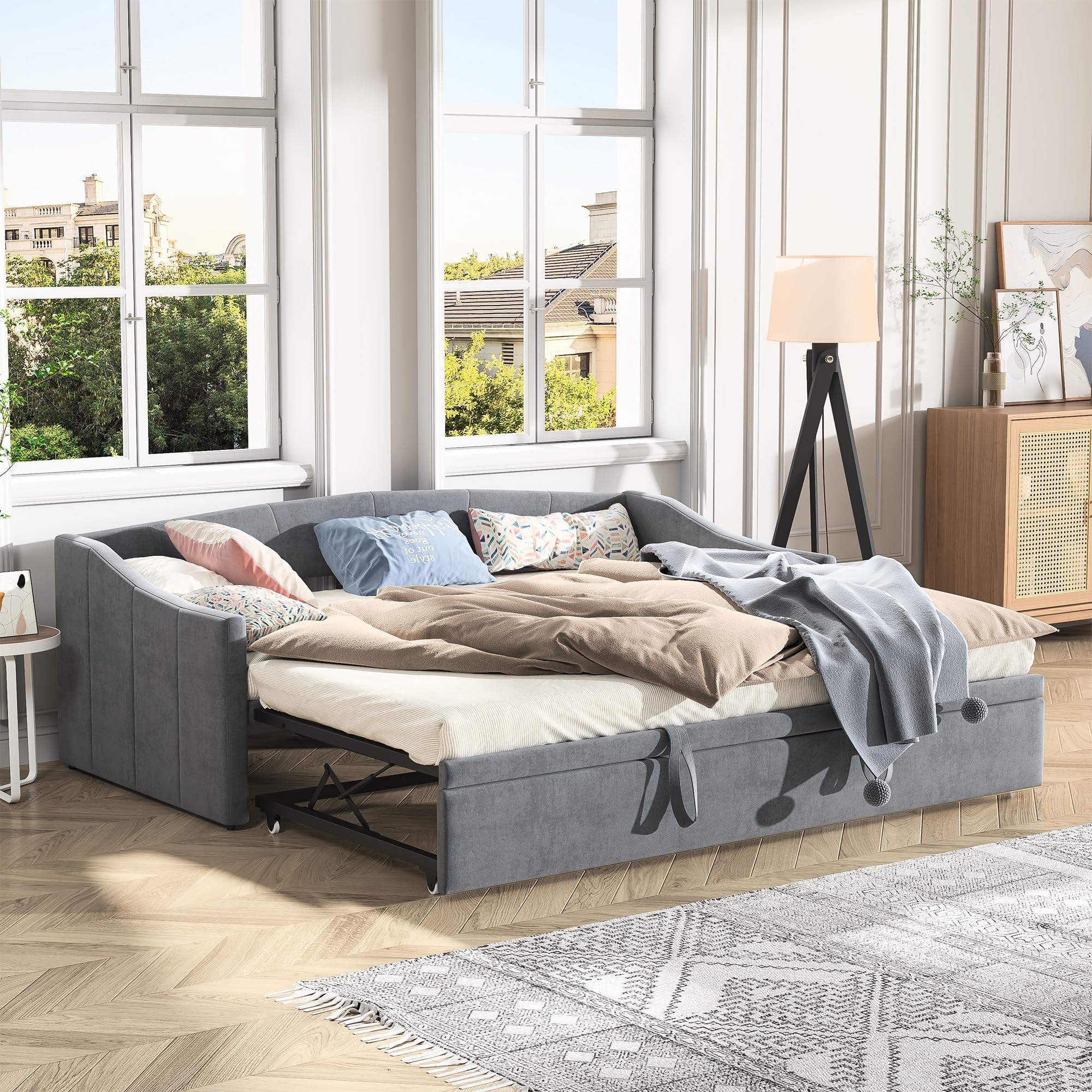 Divano Letto 2 Posti 90/180 x 200 cm, Divano Letto Convertibile, Letto Imbottito con Sommier a Doghe, Divano Letto Estraibile, Rivestimento in Velluto, Grigio (senza Materasso) (Grigio-A)