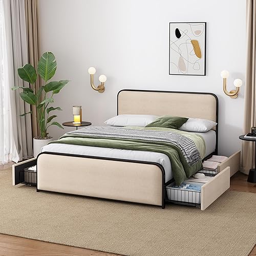 Miniatura 18 de SOFTSEA Cama de plataforma tapizada de tamaño individual con nido, cama nido con cabecera copetuda para niños, adolescentes y adultos, cama tapizada