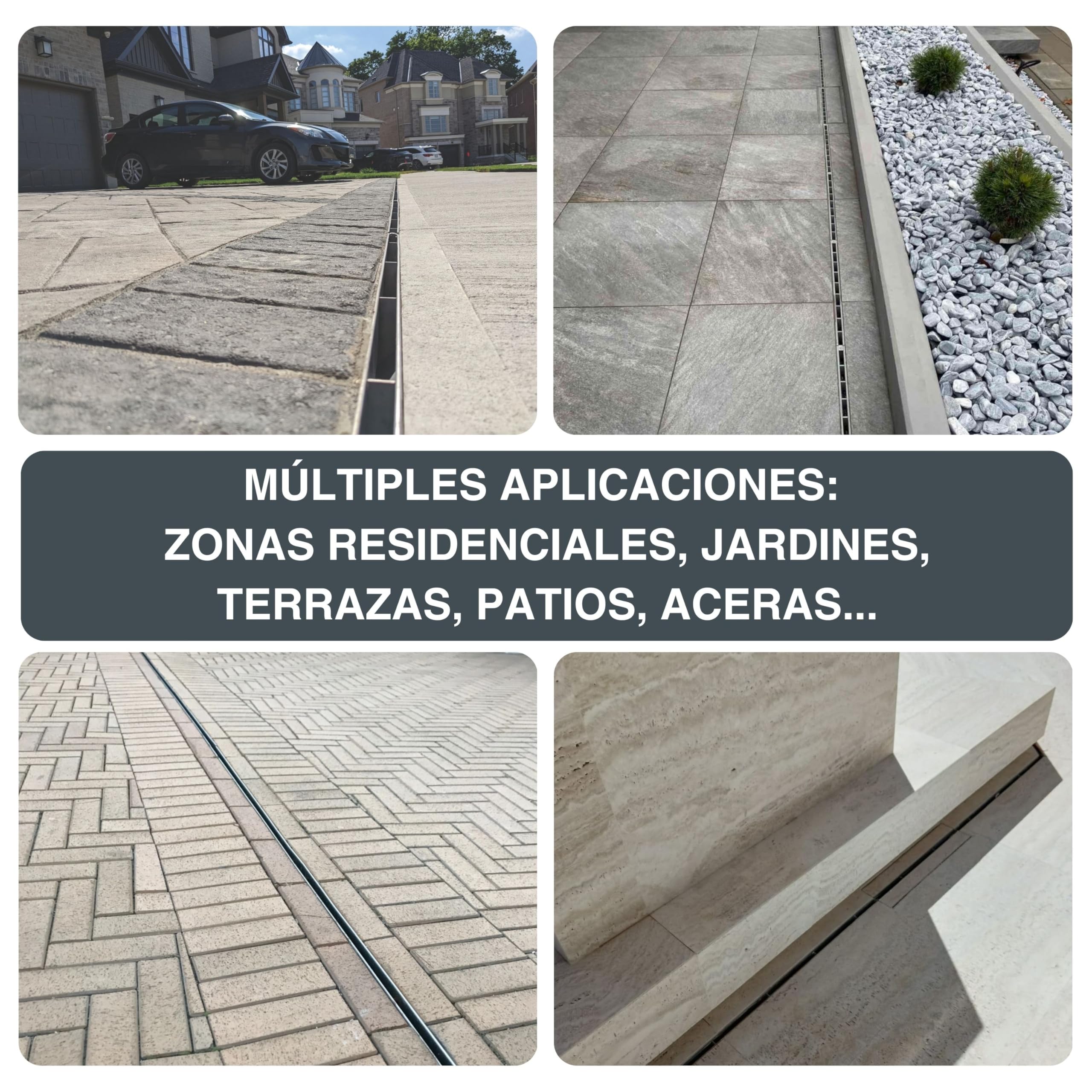 Canaleta de Desagüe VODALAND con Rejilla Ranurada Oculta de Acero Inoxidable - Kit de 3 Metros para Drenaje de Jardín y Aguas Pluviales - Canaletas para Recoger Agua - Ideal para Terraza