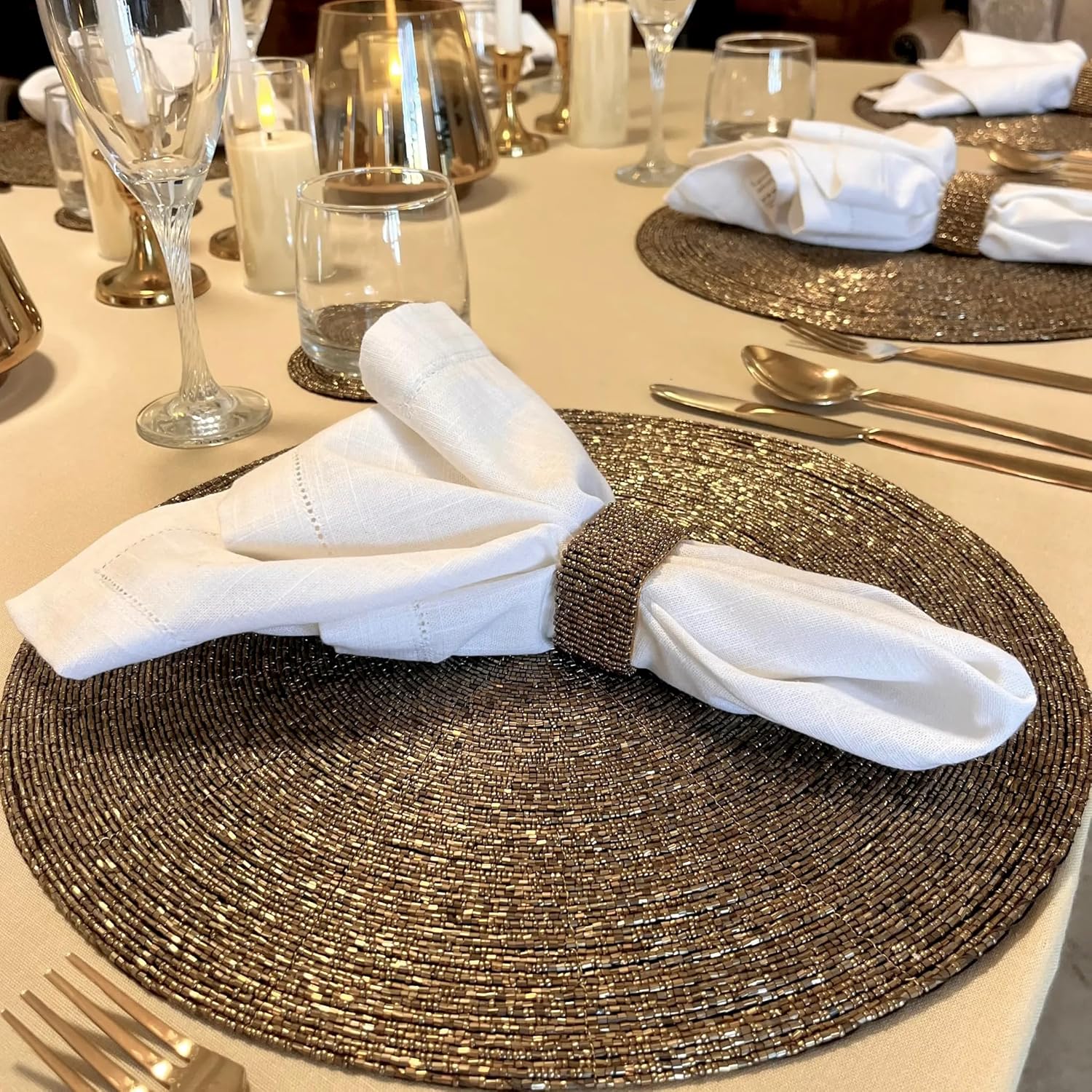 Glass Bead Placemat, Handmade Round Tablemat with Fabric Back, Dining Table Mats in Antique Gold, Set of 4-14 in