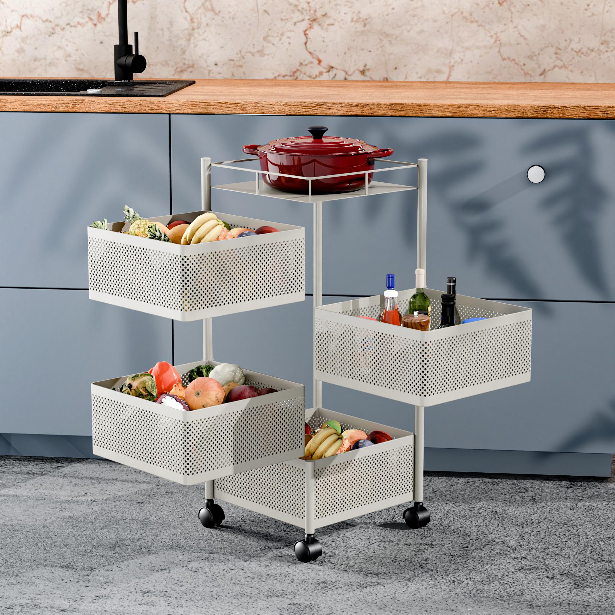 TEX-RO Kitchen Trolley with Wheels | 4-Layer Metal Vegetable Basket Stand & Kitchen Storage Rack | Multipurpose Kitchen Organizer for Onion Potato Storage (White)