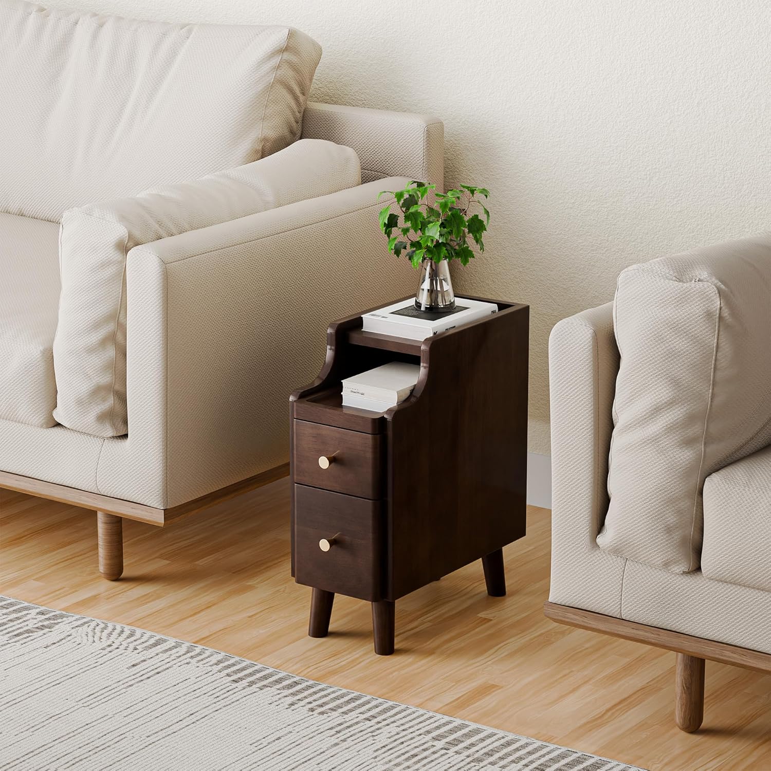 Nightstand, Pre-Assembled, 19.7“H Solid Wood Night Stand with 2 Drawers, Open Sliding Shelf, Mid Century Modern Small Bedside Table for Bedroom, Black Walnut 8"