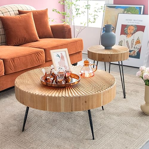 Miniatura 2 de COZAYH 2-Piece Round Nesting Coffee Table Set, Natural Wood Top with Black Metal Legs, Radial Pattern – Rustic Farmhouse Accent for Living Room or