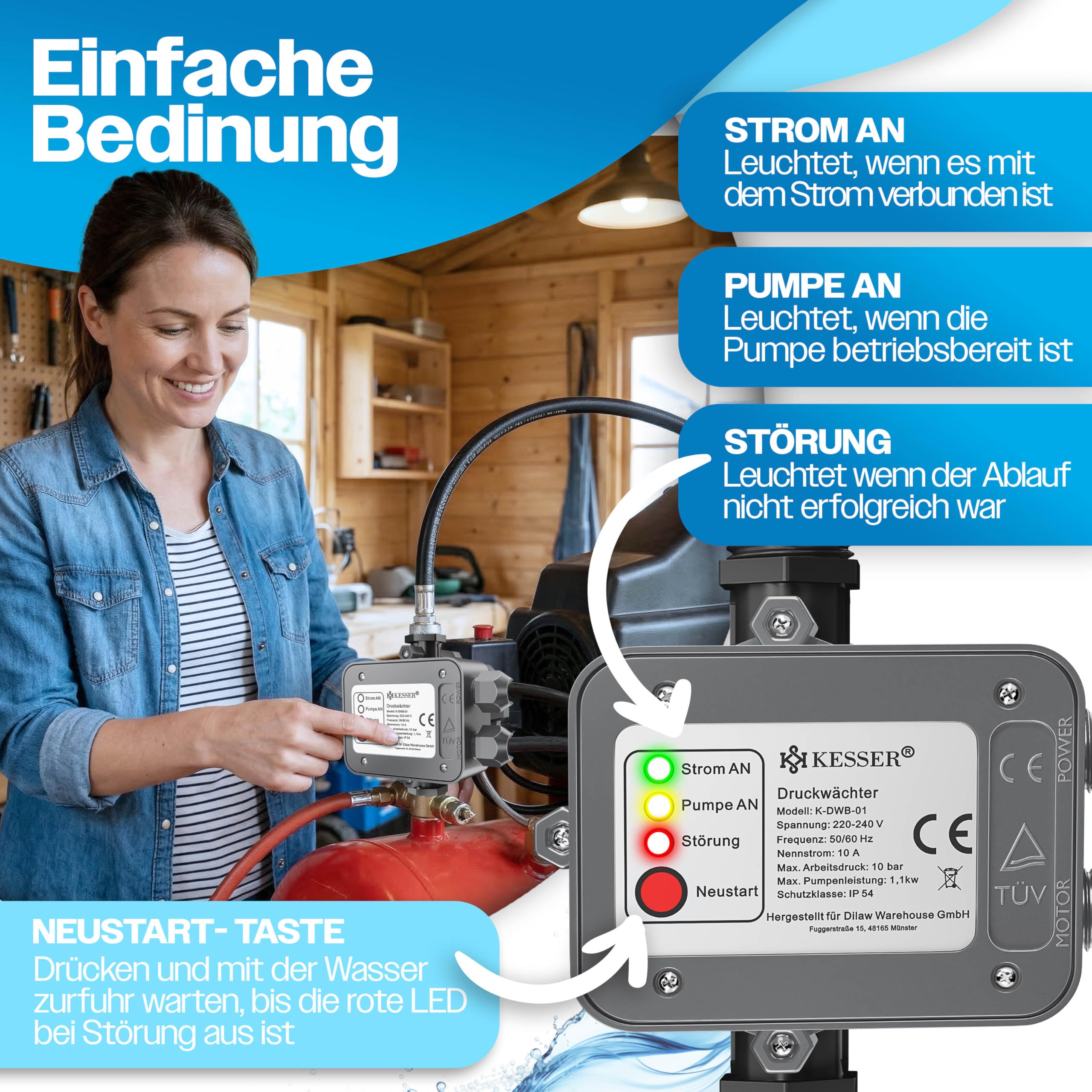 KESSER® Druckwächter Druckschalter | 10 bar Pumpensteuerung | Hauswasserwerk | Gartenbewässerung | Mit Kabel | konstanter Wasserdruck | Garten & Haus | automatisches Ein- und Ausschalten, Anthrazit