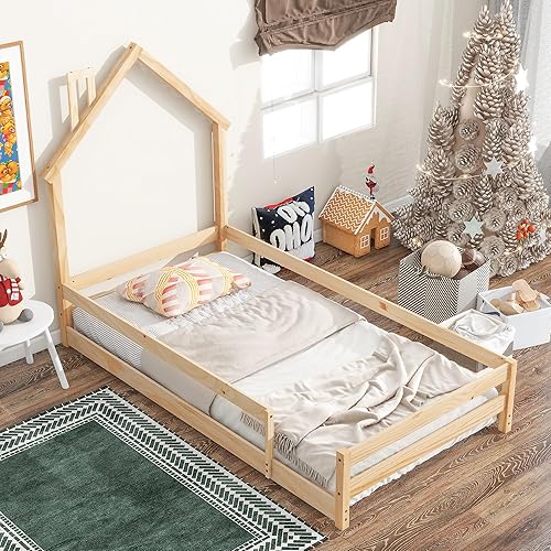 Miniatura 8 de Dolonm Cama de suelo para niños pequeños, tamaño matrimonial, marco de cama Montessori con techo, barandillas de valla y barandillas de longitud