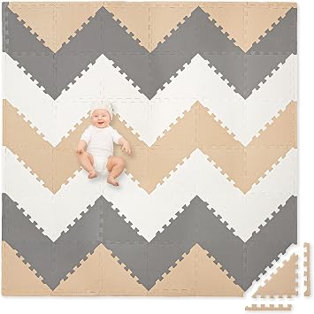 Play Platoon Non-Toxic Extra-Thick 96 Piece Triangle Play Mat - Comfortable 6x6ft Cushiony Foam Floor Puzzle Exercise Mat for Kids & Toddlers - Sand, Gray & Cream