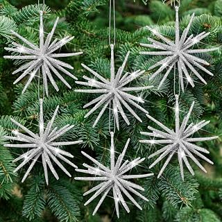 Soulchen 6 Pcs 4 Inch Silver Christmas Star Ornament for Christmas Tree Glitter Exploding Starburst Bethlehem Star Decor 3D Hanging Pendant for Xmas Tree Party Indoor Outdoor Decor