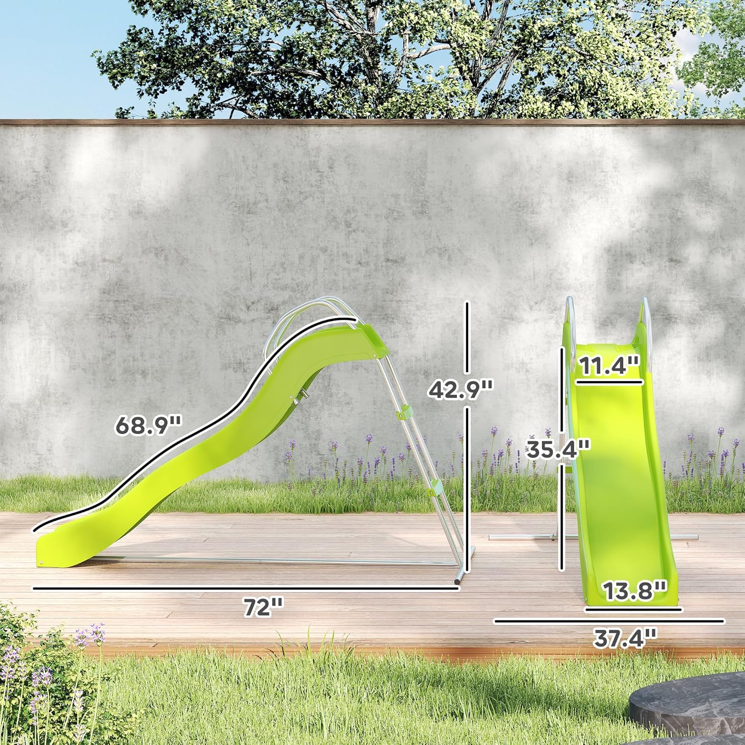 Qaba Outdoor Slide for Kids Ages 3-8, 5.7FT Freestanding Wave Slide, Climbing Step Ladder, Playground Equipment for Backyard, Garden, Gift for Boys and Girls, Green