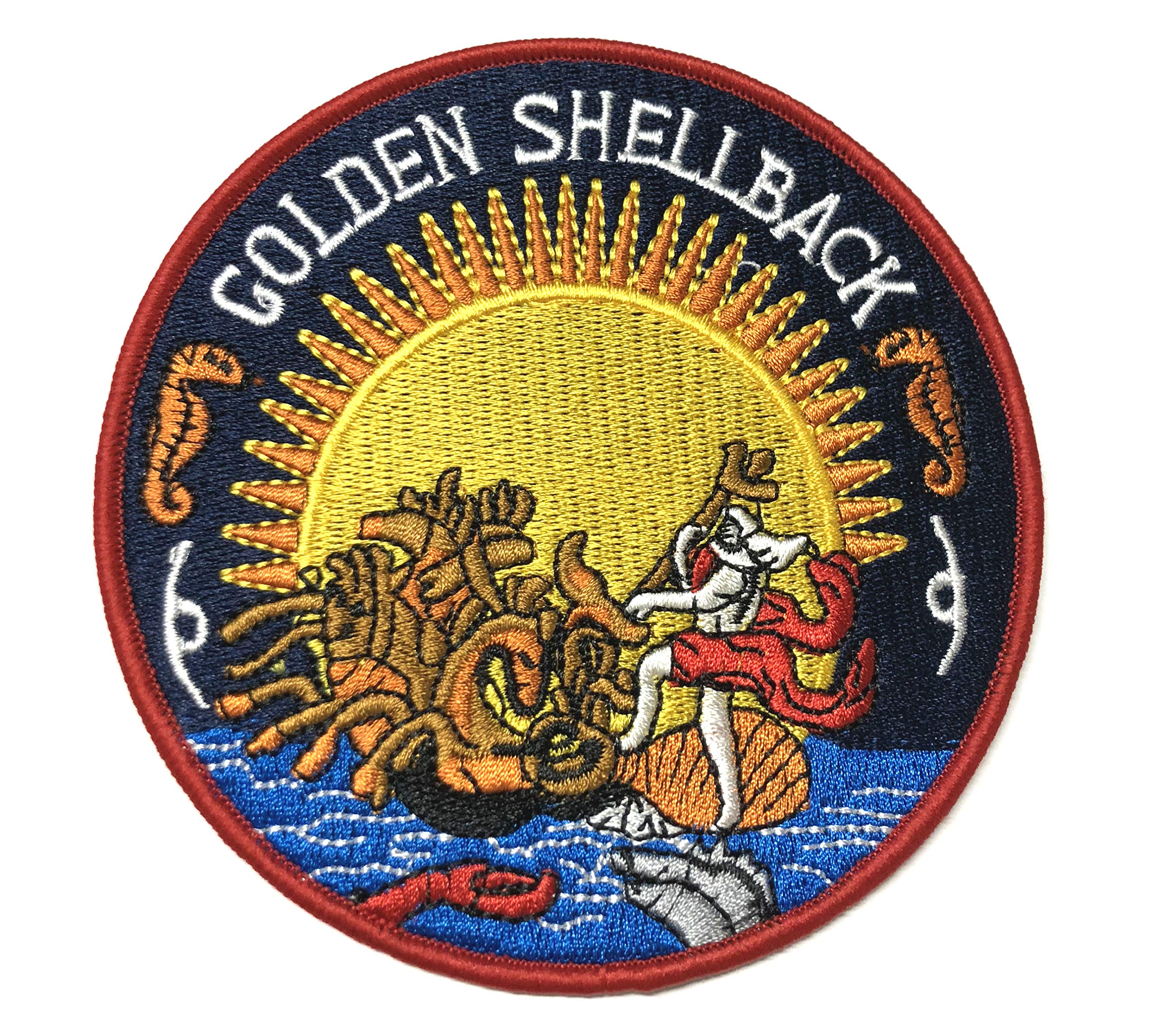 Golden Shellback 4.5" Embroidered Patch DIY Iron or Sew-on Decorative Vacation Travel Souvenir Applique Biker Emblem Badge Military Veteran Tactical Flag Navy Patriotic Series