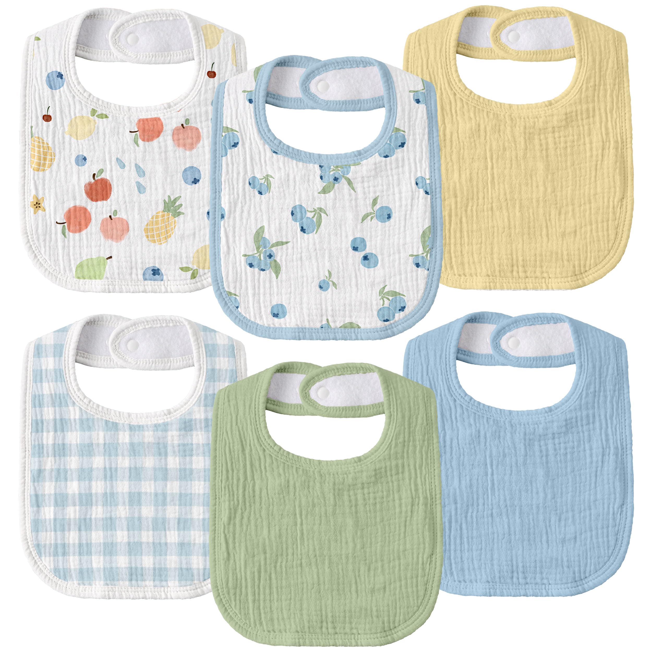 Muslin Bibs for Baby Boy Girl, Adjustable Fit for Drooling and Teething | 6Pk, 100% Soft Cotton Surface & Multi-Layer Absorbent Core, Shrink-resistant & Fade-Proof, Gentle on Sensitive Newborn skin 6-Pack Blue Berry Dream