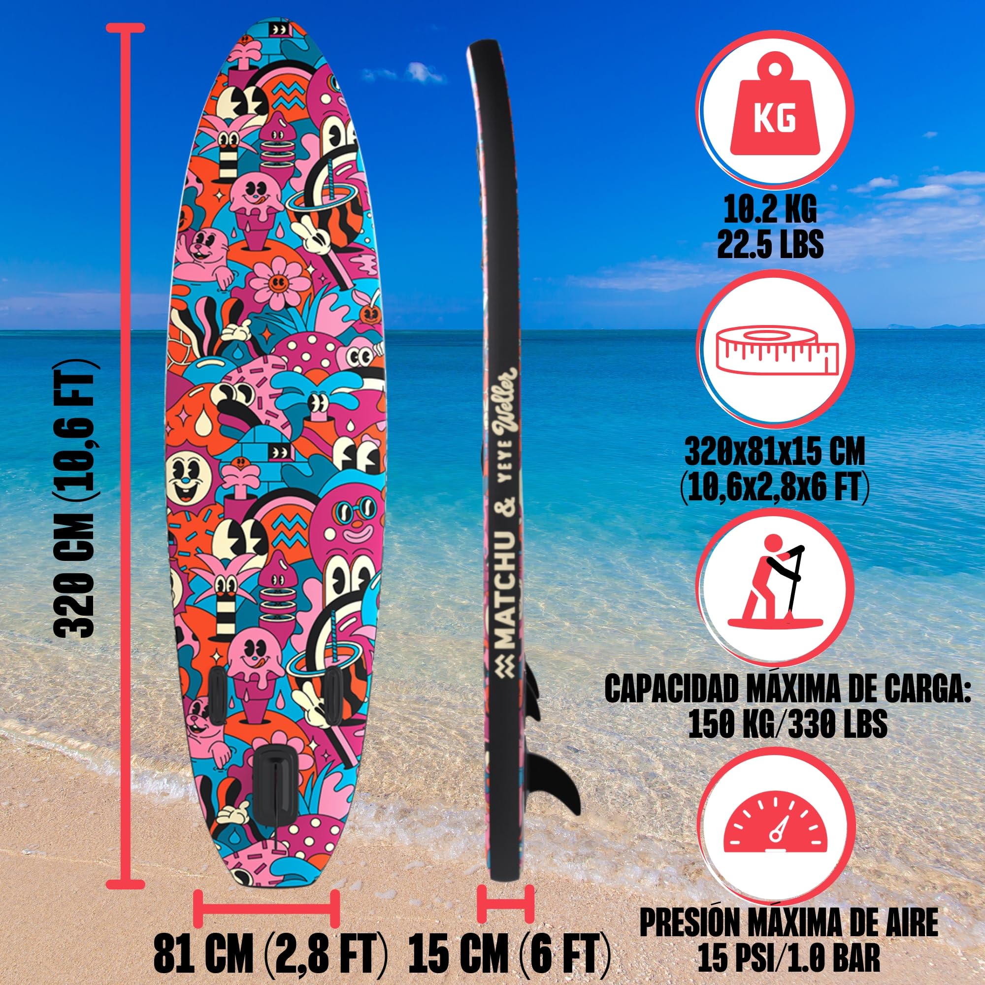 MATCHU - Tablero de Soporte Inflable - Junta de Paleta - Edición Limitada - Equipado con Certificado - Juego Completo - 320x81x15 CM - 150 KG de Carga - Art Collection