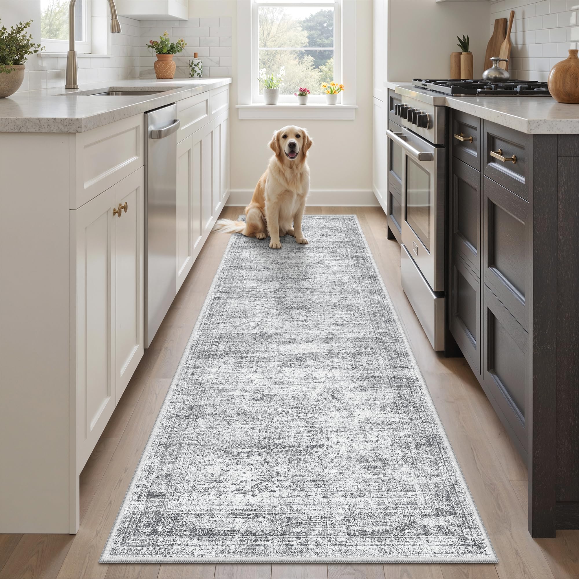 Soalmost Runner Rug 2x6 Washable Kitchen Hallway Runners Non-Slip Grey | Soft Low-Pile Rugs for Entry Bathroom Laundry Room, Vintage Foldable Floor Carpet Mat Entryway for Corridor Bedroom Grey 2' x 6' (Runner)