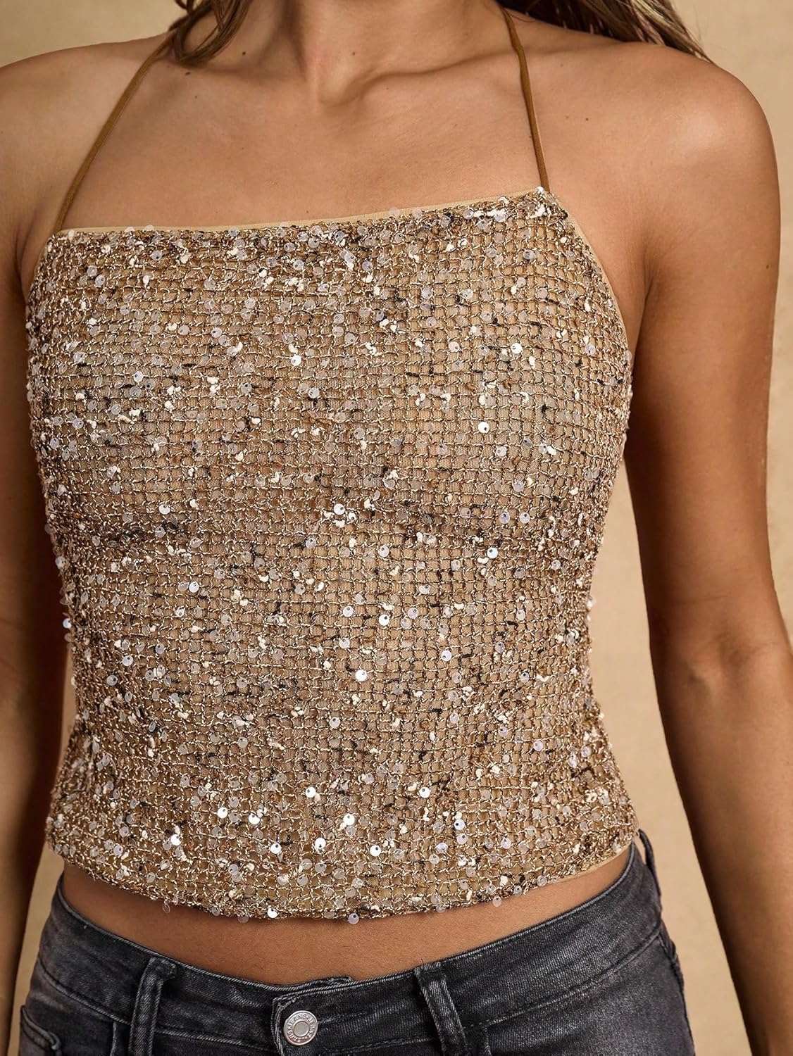 SweatyRocks Women's Sexy Halter Sequin Backless Tops Spaghetti Strap Sparkle Camisole Going Out Tops Clubwear - Image 7
