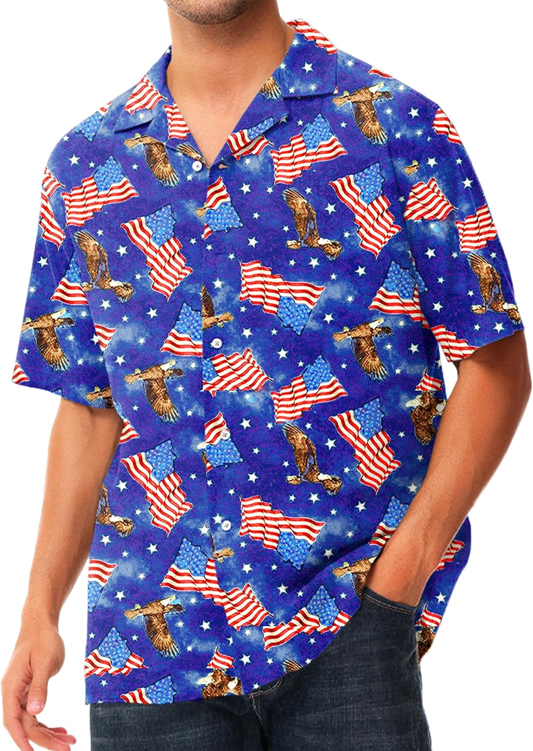 AOBUTE Men July 4th Button Shirts American Flag Hawaiian Shirt Star Stripe Holiday Top