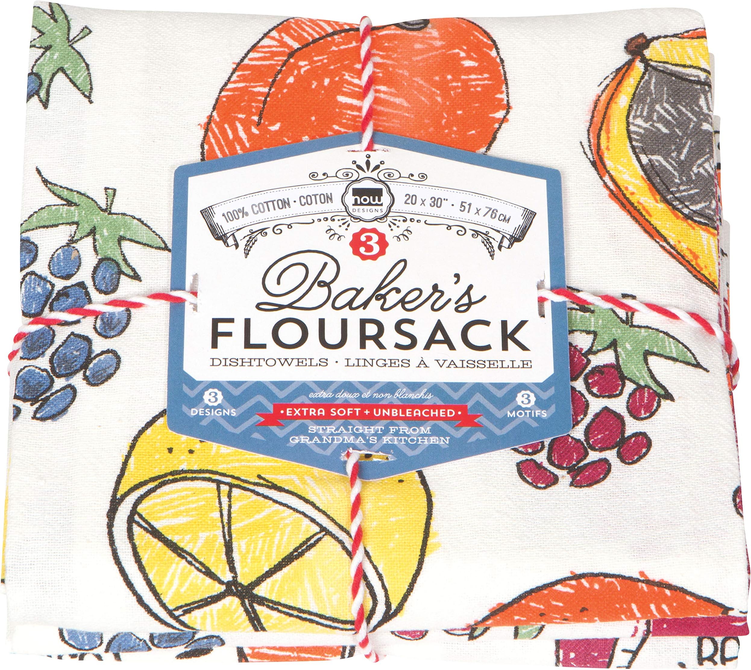 Now Designs Lets Jam Cotton Floursack Kitchen Dish Towels 20 x 30in, Set of 3