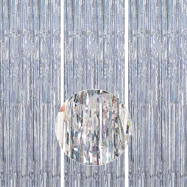 PartyWoo XtraLarge Foil Curtain 3 pcs, 3.3x6.6 ft Tinsel Curtains, Backdrop Curtain, Silver Streamers, Foil Fringe Curtains, Party Backdrop for Birthday Party, Christmas Decorations (Silver)