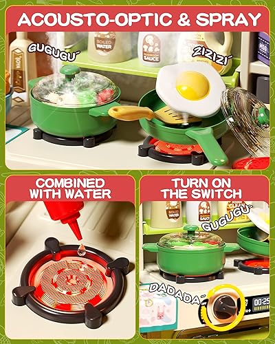 Miniatura 4 de Juego de cocina para niños de 33.8 pulgadas, 63 piezas de cocina para niños con luces y sonidos realistas, accesorios de cocina de juguete para