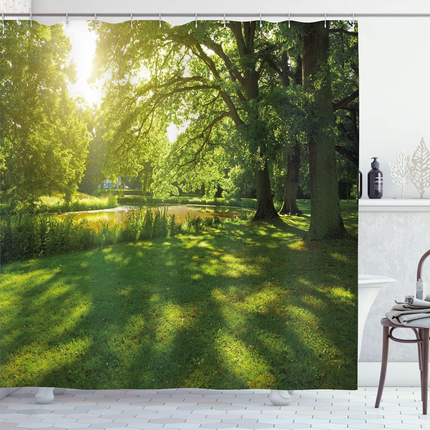 Ambesonne Green Shower Curtain, Summer Park in Hamburg Germany Trees Sunlight Forest Nature Theme Scenic Outdoors Picture, Cloth Fabric Bathroom Decor Set with Hooks, 69" W x 70" L, Green