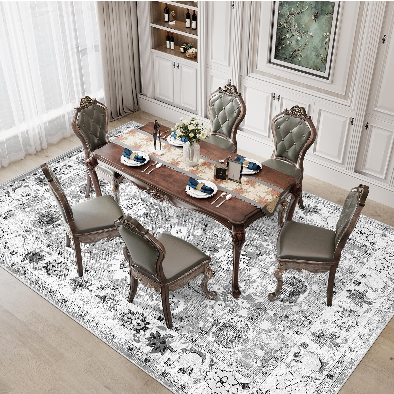 IKALIFE Tappeto Salotto Lavabile Lavatrice - Tappeto Soggiorno Vintage Tappeto Pelo Corto Tappeto Grande Tappeto Camera da Letto, Morbido Antiscivolo per Sala, Pranzo 160x230 cm Grigio