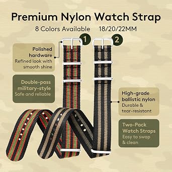 EACHE 2-Pack Nylon Watch Straps for Men, One-Piece Washable Military Watch Strap 18mm 20mm 22mm with Silver Polished Buckle