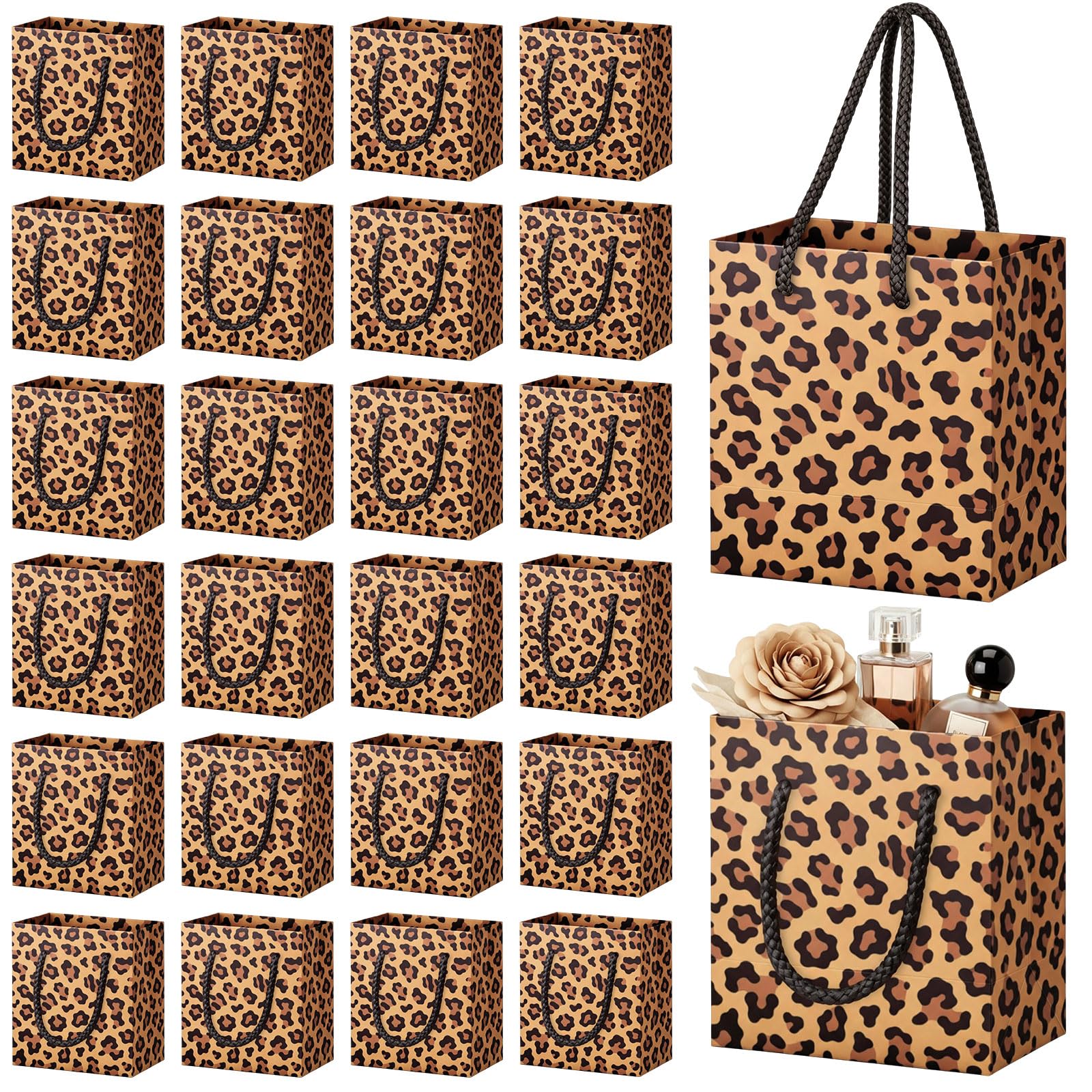 Photo 1 of Fullhawl 24 Pcs Extra Small Cheetah Print Gift Bags with Handles Mini Leopard Print Bags Reusable Paper Goodies Bag Gift Wrap for Baby Shower Jungle Safari Animal Birthday Party Favor Decorations