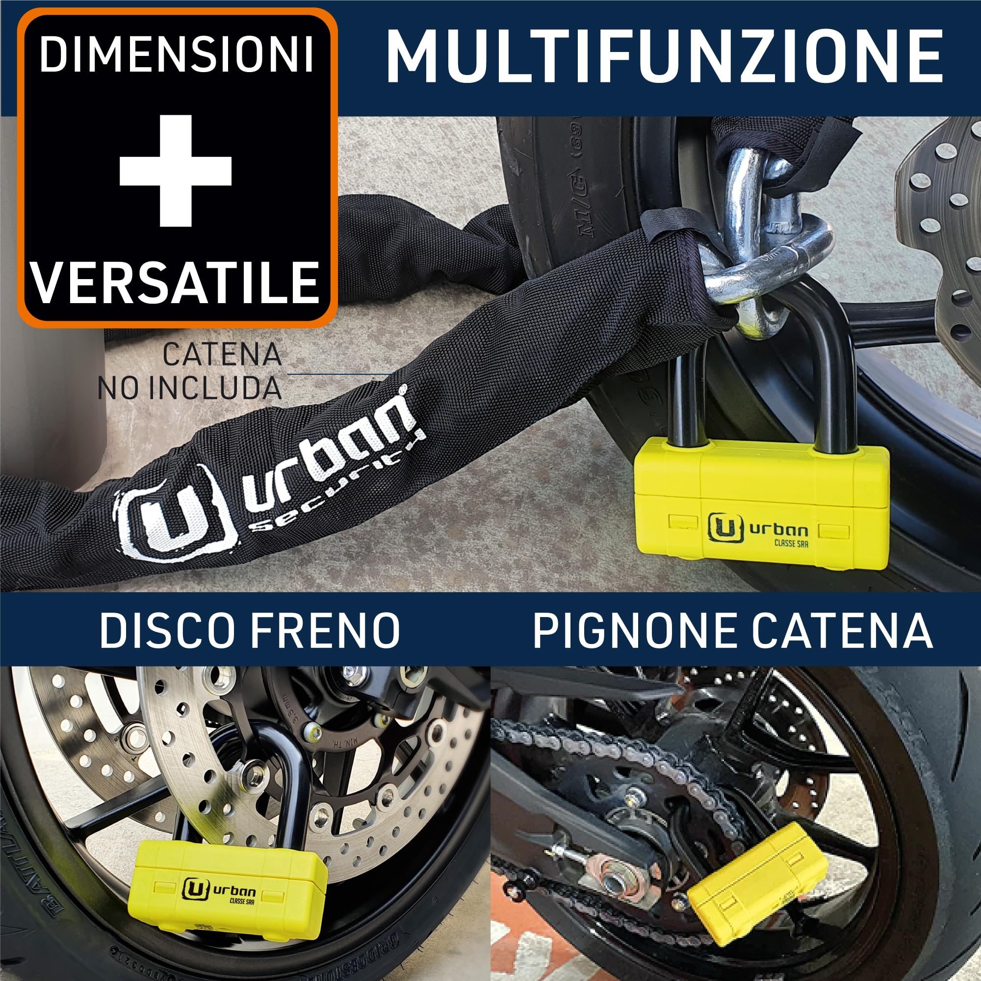 URBAN UR75 Antifurto Bloccadisco Moto Mini U Testato Massima Sicurezza, Omologato SRA, Arco in Acciaio Cementato ø18 con Doppia Chiusura, Più Versatile e Deterrente, Cavo Promemoria, Lucchetto Moto