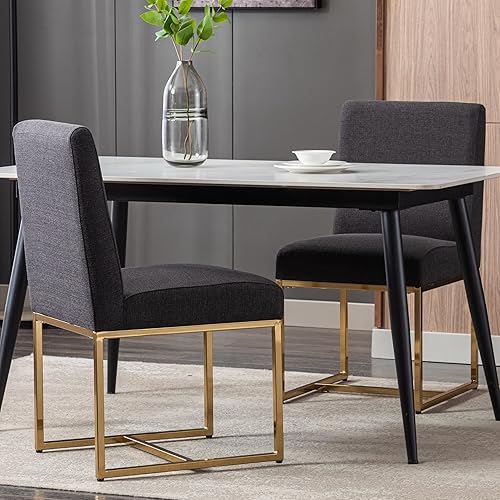 Juego de 2 sillas de comedor modernas, sillas de comedor tapizadas de lino con patas de metal dorado para comedor, tocador, cocina, sala de estar,