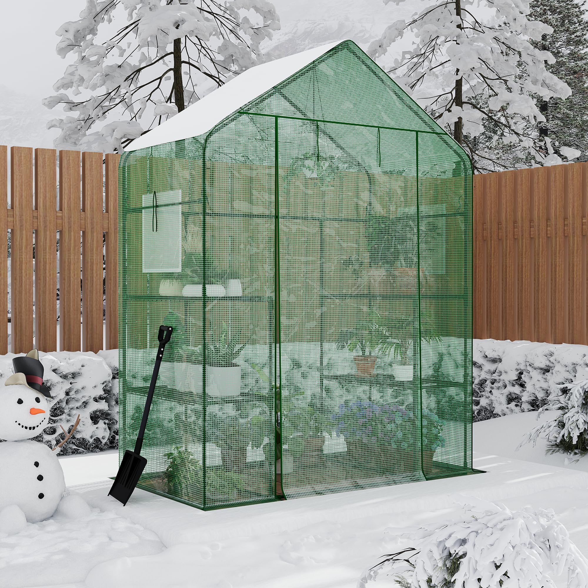 Garvee Invernadero de jardín con caseta Walk-in, 143 x 73 x 195 cm, Invernadero para Plantas con Cubierta de PE 140 G Impermeable y Estructura de Acero, 4 estantes extraíbles, 1 Puerta y 2 Ventanas