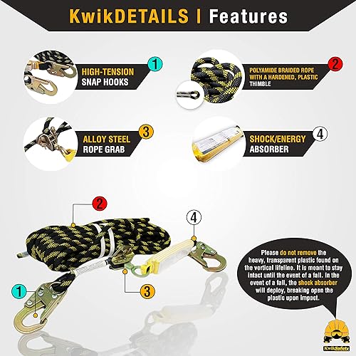 Vista 32 de KwikSafety - Charlotte, NC - TSUNAMI [Cuerda trenzada de alta calidad] Línea de vida vertical ANSI OSHA Cuerda Grab Snap Hook Amortiguador Kit de 1