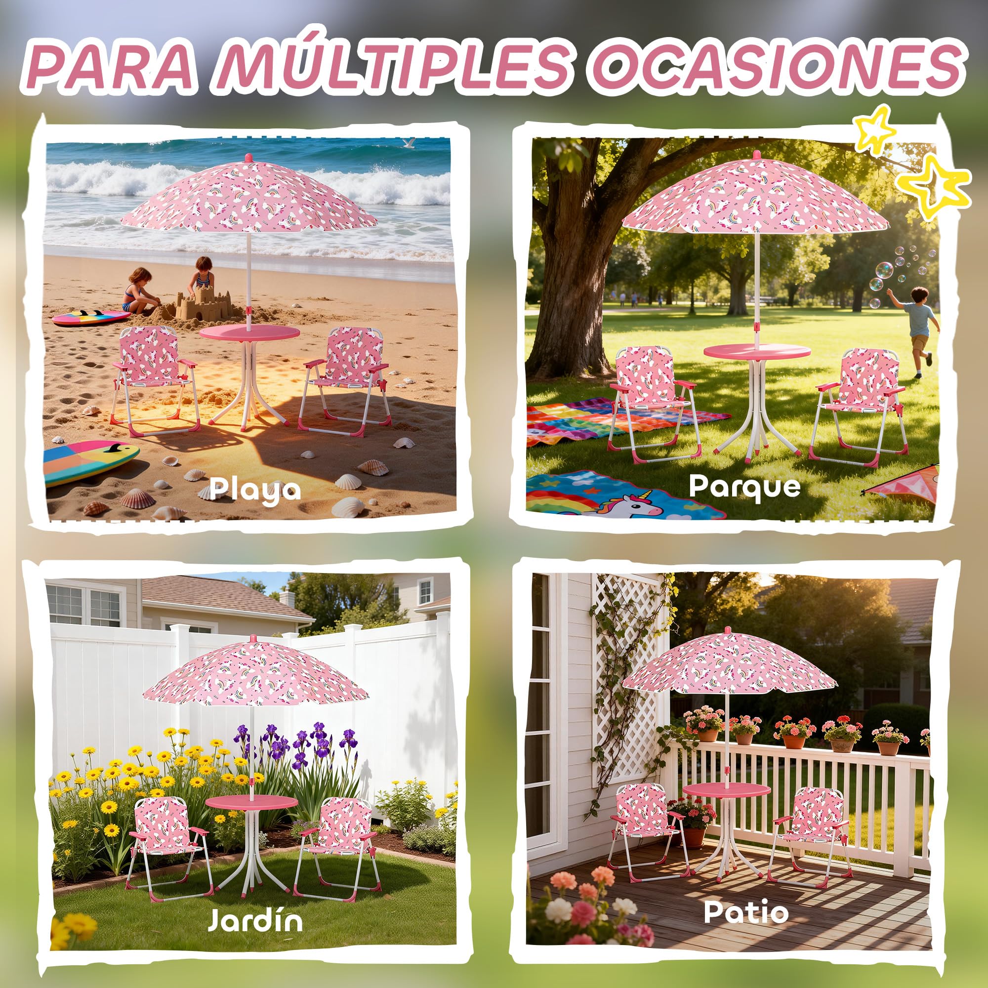 AIYAPLAY Conjunto de Mesa y Sillas Infantil de Jardín de 4 Piezas, Mesa Infantil con Sillas Plegables, Sombrilla Desmontable, Diseño de Unicornios y Arcoíris, para Patio, Pícnic, Rosa — view 6
