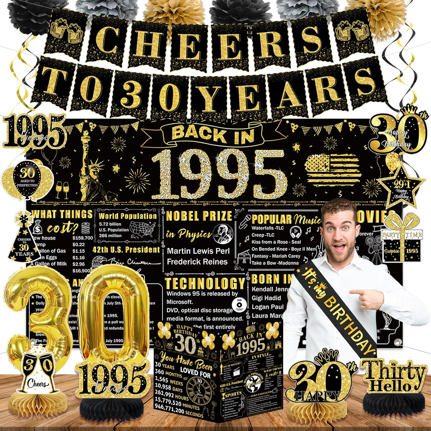 30th Birthday Decorations for Men Women, Black Gold Vintage 1995 Birthday Backdrop, 30th Banner Decorations, Guest Book, Balloons, Honeycomb Centerpiece, Hanging Swirl, Paper Poms, Sash Decor (22pcs) Black Gold 30th