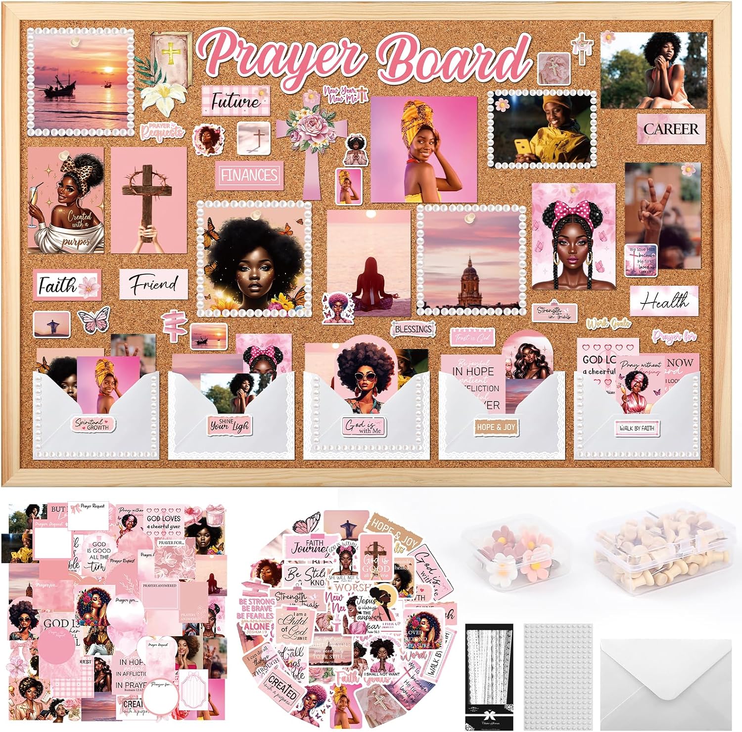 Black Women Prayer Board Kit - Vemfare Prayer Board Stickers Supplies with Pins Envelope Bible Verse Quotes Cards, Pink Motivational Scrapbook Stickers, Bible Study Supplies (Not Including Board)