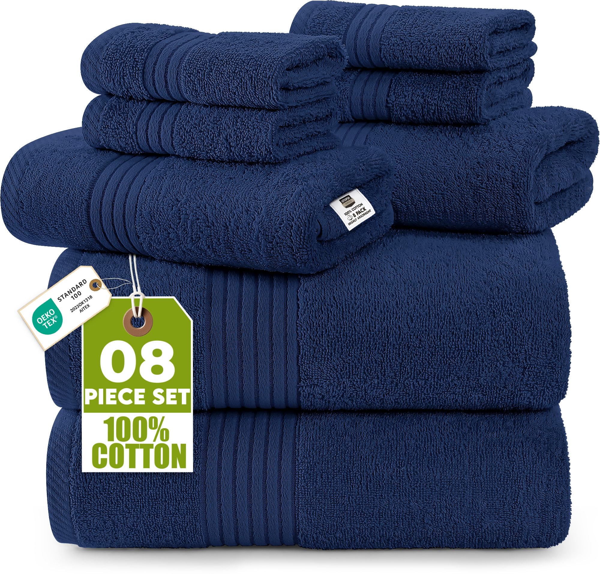 Utopia Towels 8-teiliges Handtücher aus 100% Baumwolle, weich und saugfähig für den täglichen Gebrauch, 2 Badetücher 69 x 137 cm, 2 Handtüchern 41 x 71 cm, 4 Waschlappen 30 x 30 cm (Marine Blau)