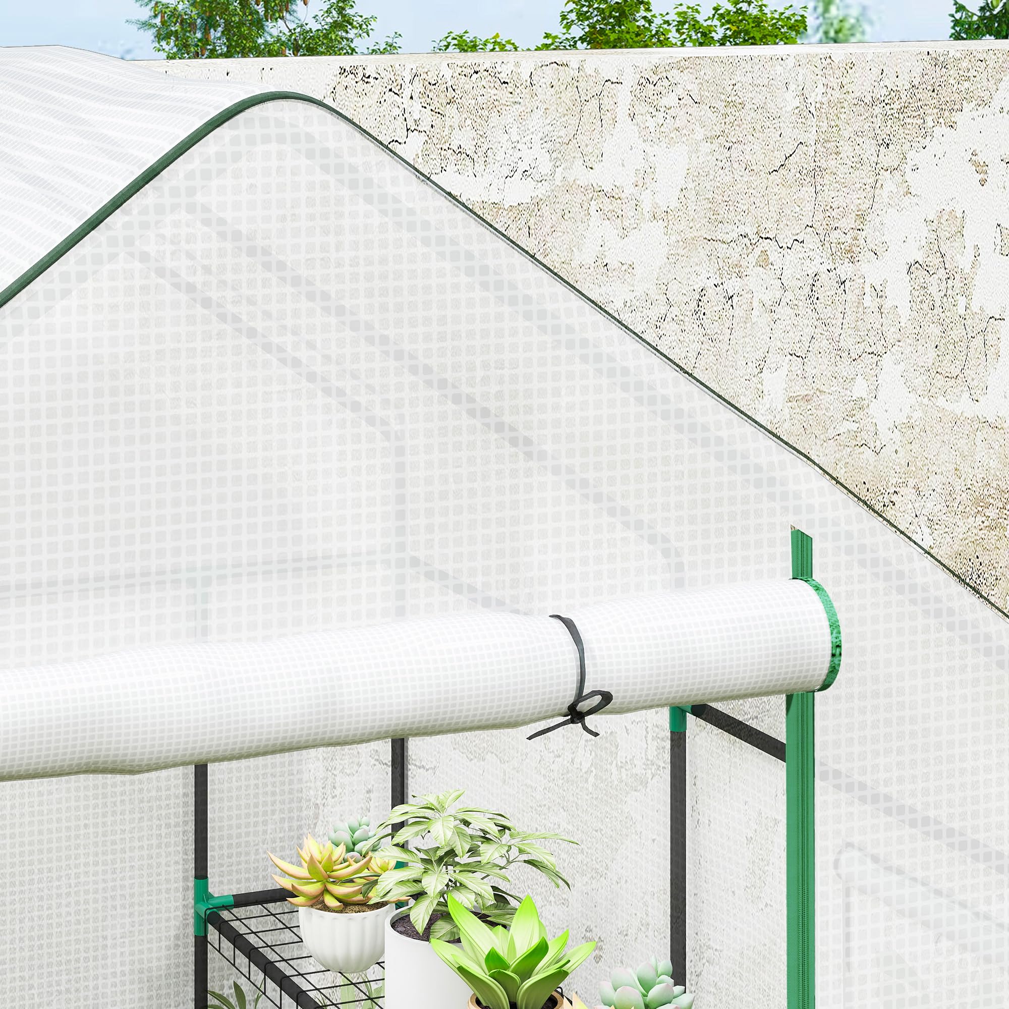 Outsunny Serra tunnel 3 livelli 8 ripiani 140x143x190 cm Bianca | Piccola serra, copertura PE rinforzata, serra da giardino, porta arrotolabile, tre finestre a rete