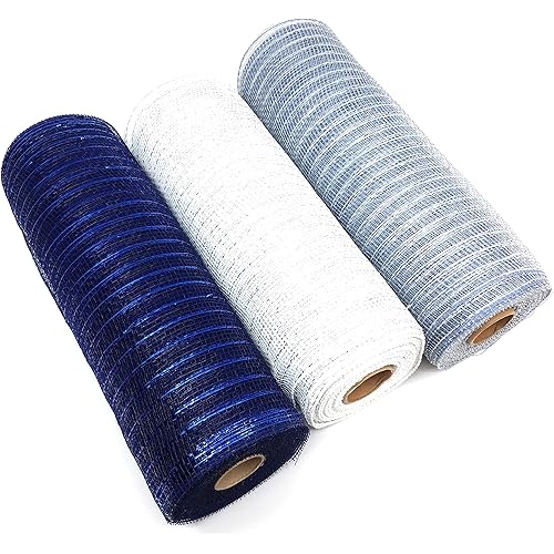 Football Themed 10" Metallic Deco Mesh Rolls (White, Silver, Navy Blue)