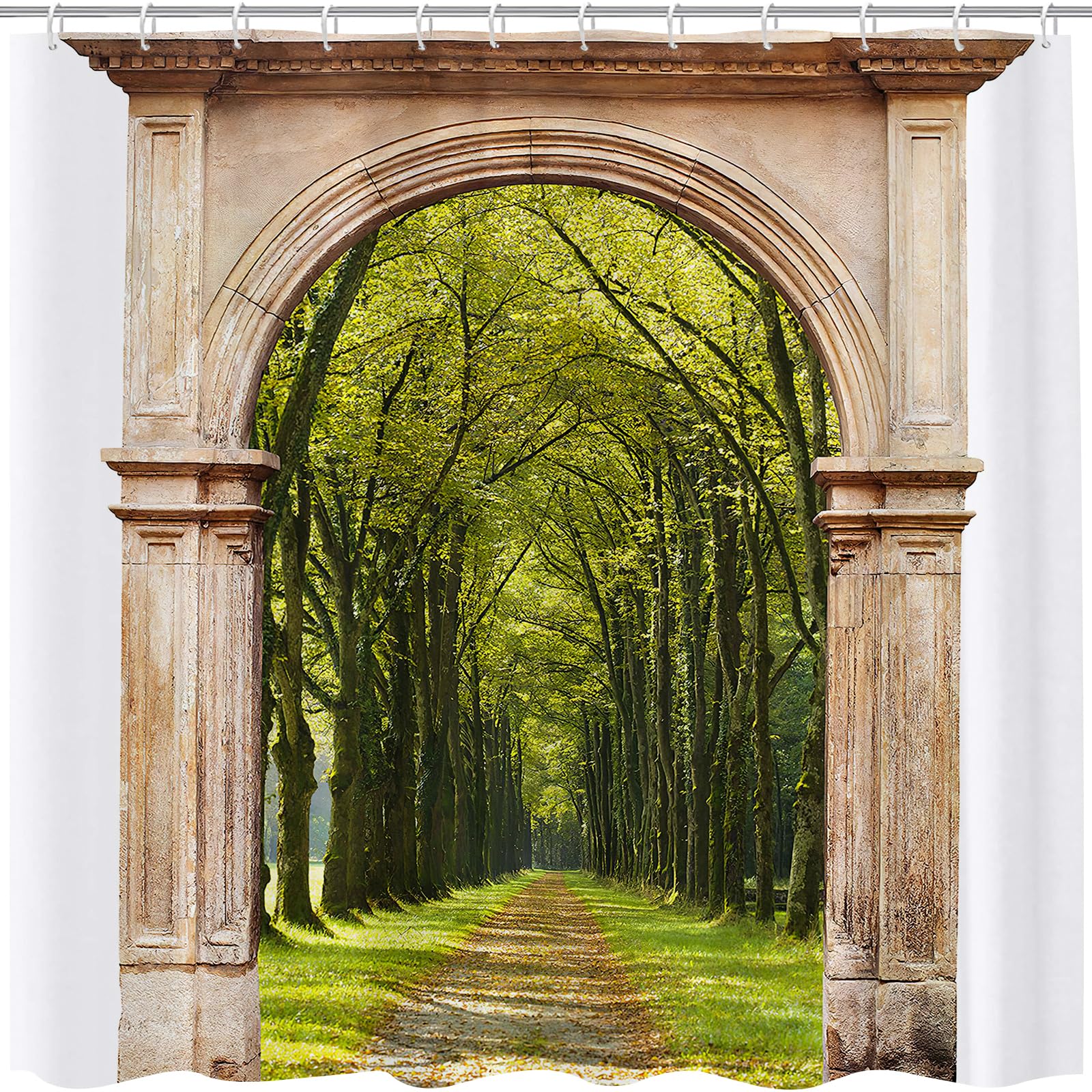 GOOESING Europe Decor Shower Curtain Rustic Doorway Building Shower Curtain Landscape Bath Curtain with Hooks Green Park Bathroom Decor Waterproof Fabric 180x180cm