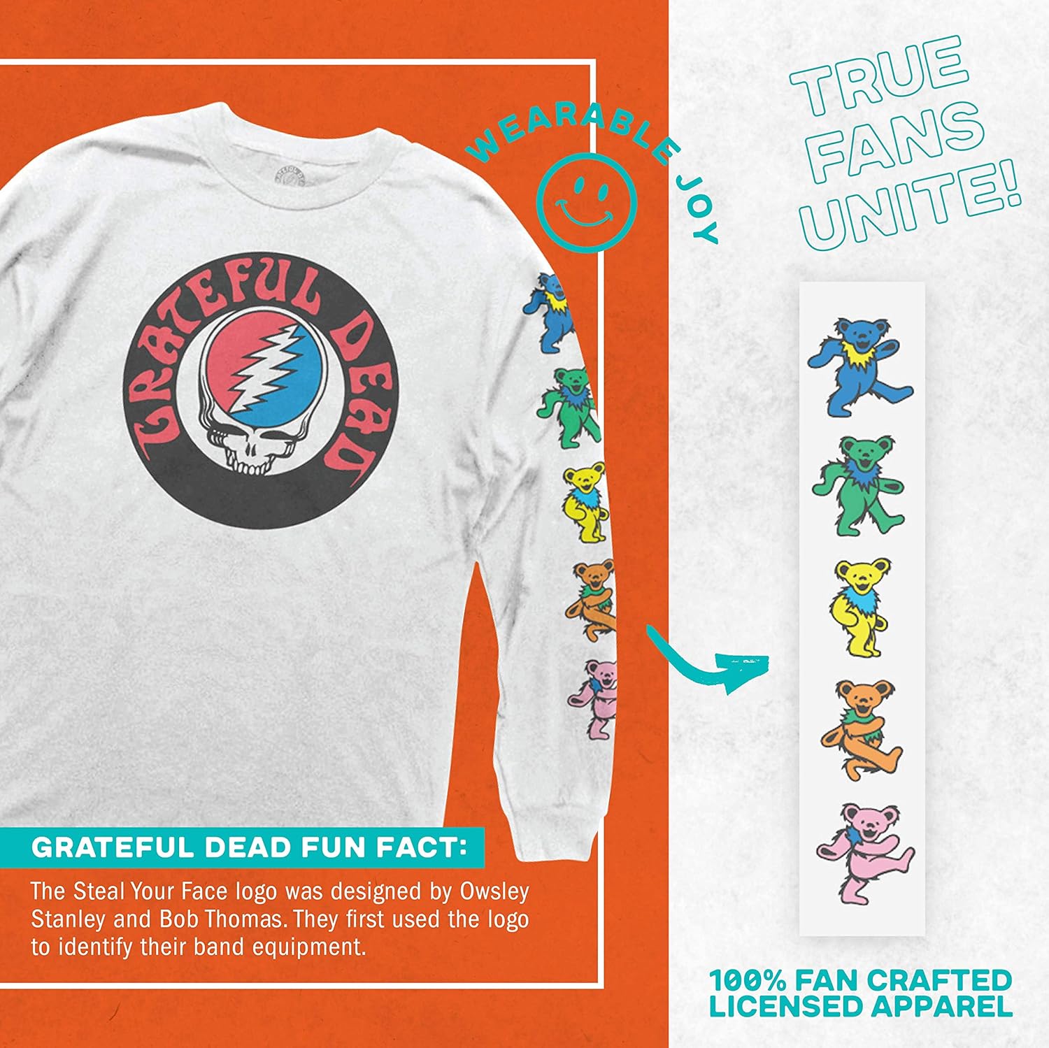 Ripple Junction Grateful Dead Men's Long Sleeve T-Shirt Steal Your Face Stealie Dancing Bears Officially Licensed - Image 2