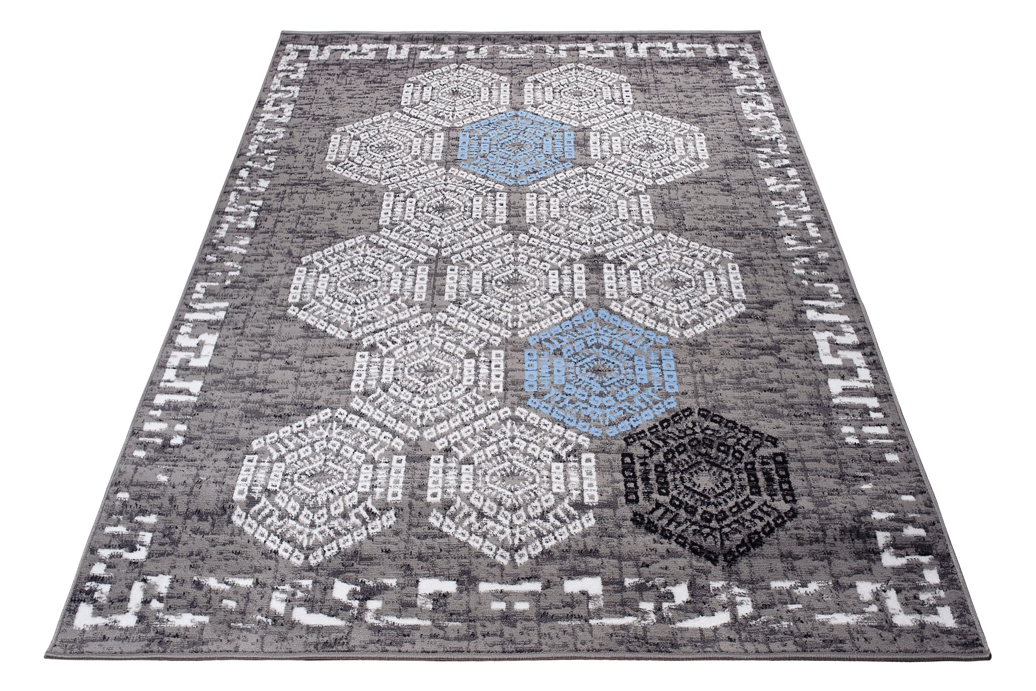 TAPISO Atena Tapis de Salon Chambre Ado Design Moderne Gris Bleu Blanc Noir Motif Grec Bordé Fin Poil Court 140 x 200 cm