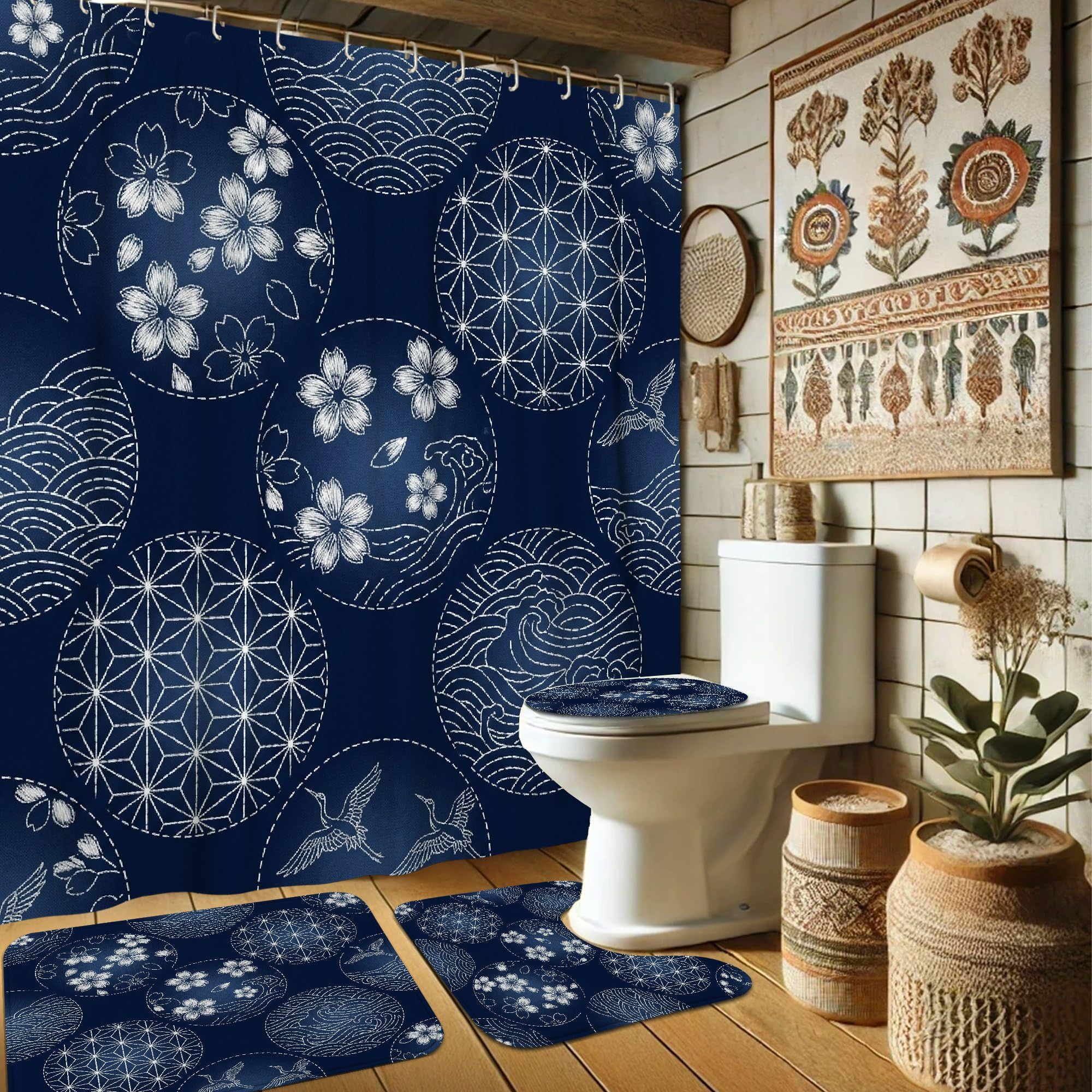 Rideau de douche cerisier japonais pour sublimer votre chambre d'amis avec tapis et crochets