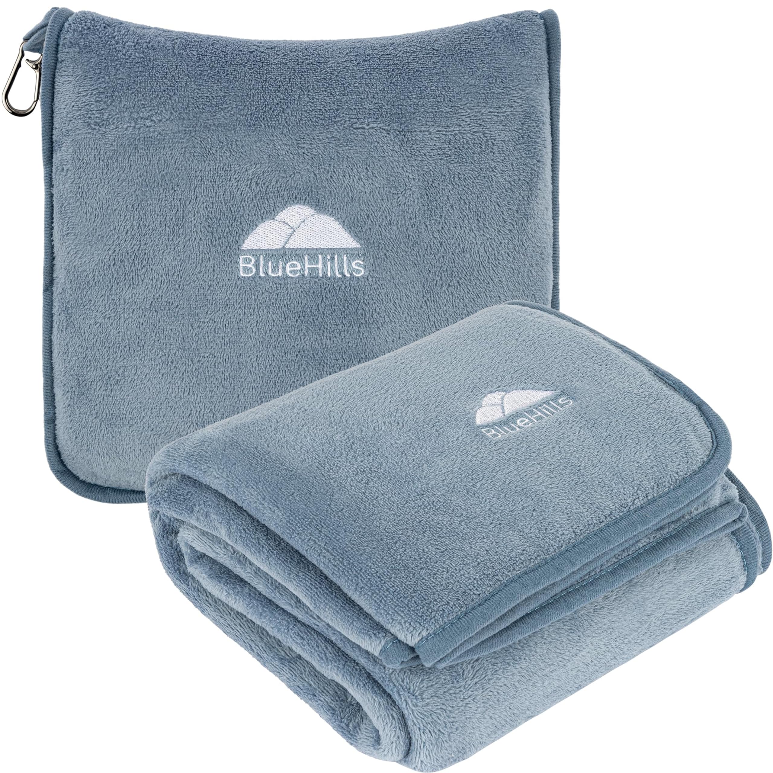 BlueHills Premium Soft Long Travel Blanket Pillow for Tall Airplane Flight Essentials Large Compact 2 in 1 Airline Throw Packable Warm Plane Traveling Comfort Accessories Grayish Blue T056