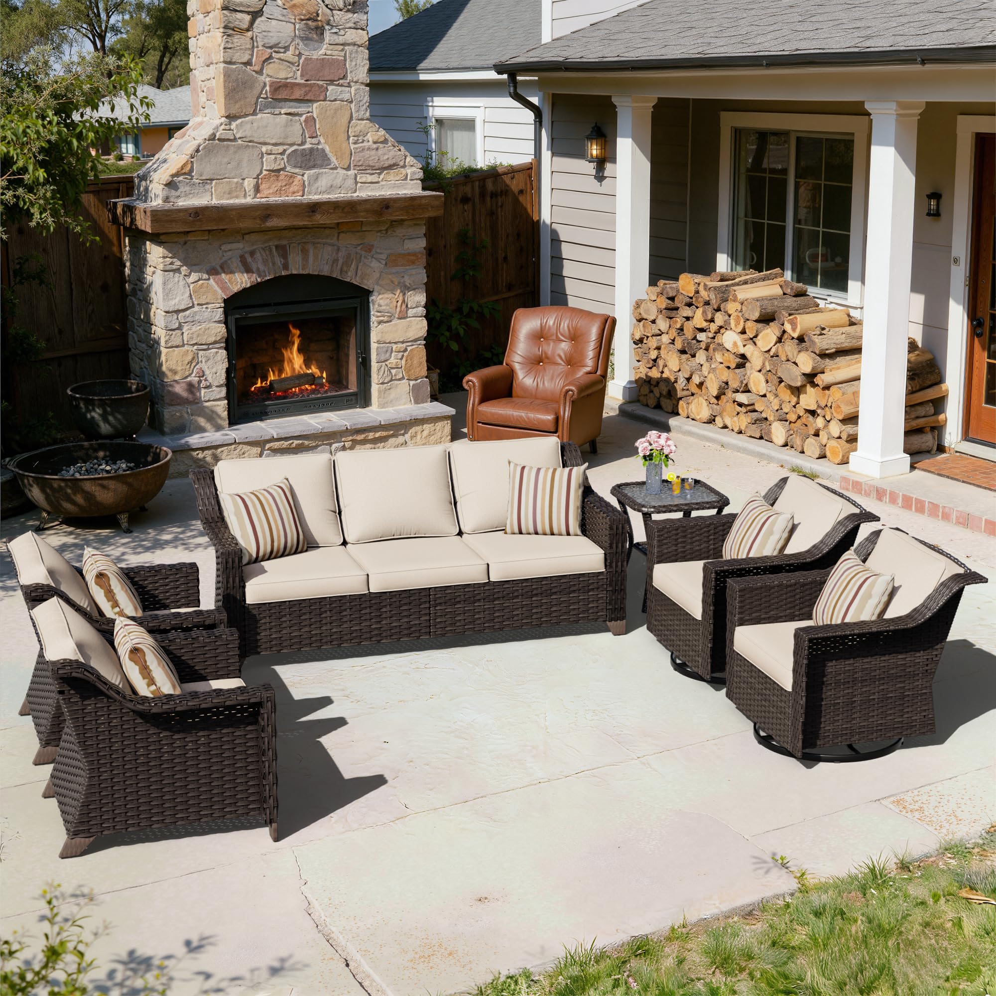 6 Piece Patio Furniture Set, Wicker Outdoor Conversation Set