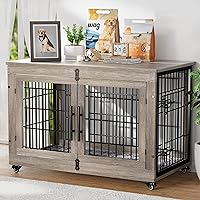 Vista 11 de Mueble de jaula para perros con cojín, perrera de madera para interiores con puertas dobles, jaula para perros con ruedas, mesa auxiliar lateral