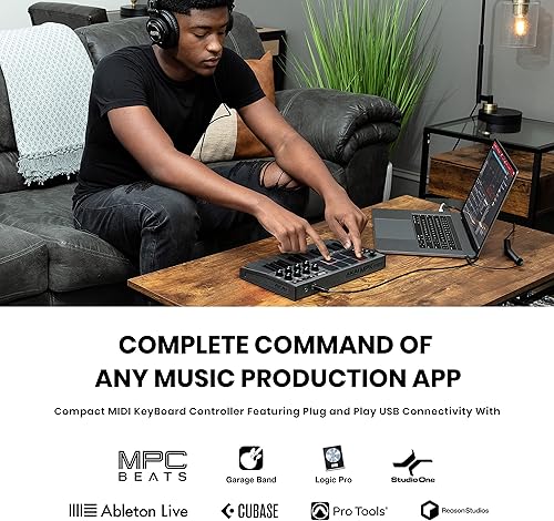 Miniatura 3 de AKAI Controlador de teclado profesional MPK Mini MK3-25 USB MIDI con 8 almohadillas de tambor retroiluminadas (gris) y soporte de micrófono de