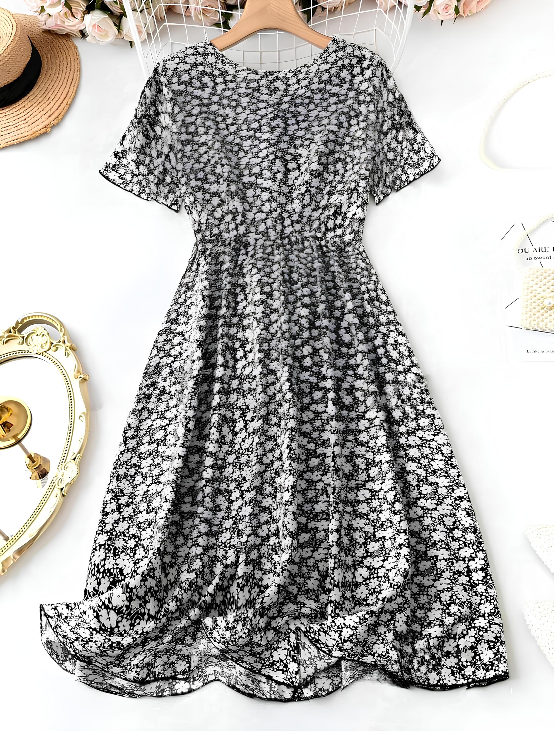 Gufrina Women's Abstract Floral Print A-Line Dress - Button-Down Midi Dress With Short Sleeves (Black Xl)