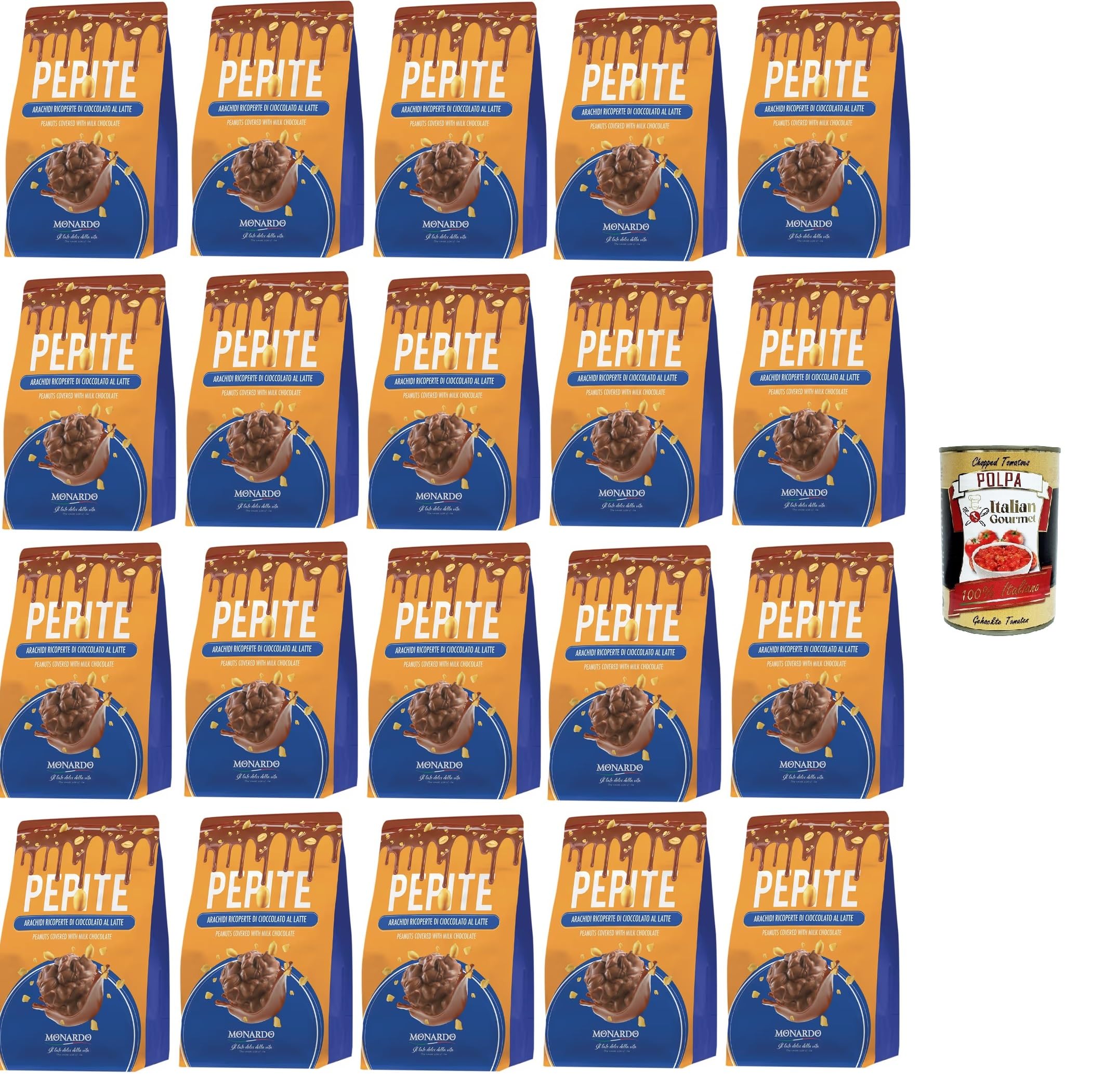 Italian Gourmet Pepite arachidi al cioccolato latte 20 x 150g, Erdnüsse | Croccanti snack dolci, umhüllt von Milchschokolade; per pausa caffè, feste e, Gesamtnettogewicht 3 kg + Kostenlos Polpa 400g