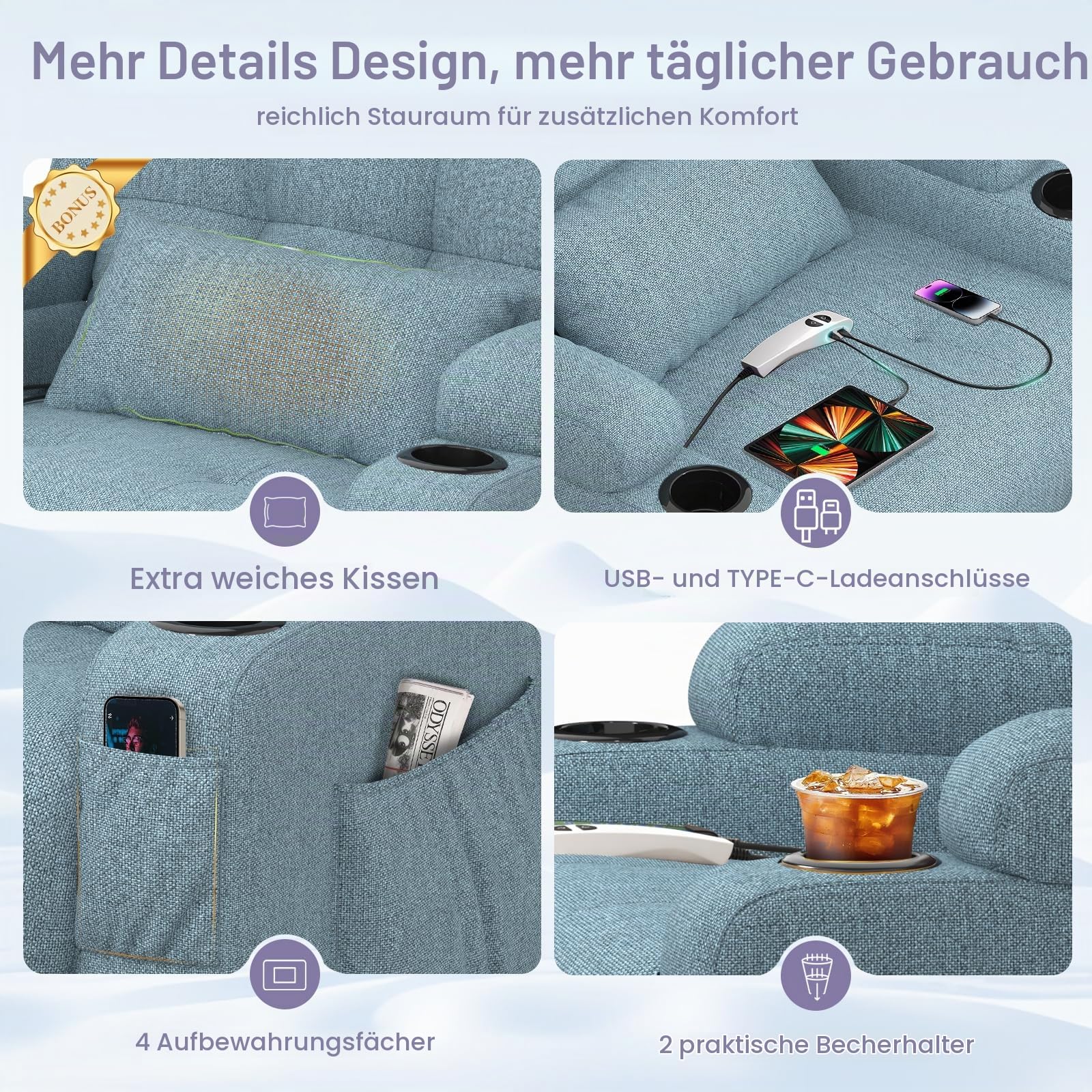 Relaxsessel Fernsehsessel Elektrisch Verstellbar Massagesessel mit Wärmefunktion Liegefunktion,2 Getränkehalter,4 Seitentaschen, TYP C & USB-Anschlüsse, TV Sessel für Fußteil, Wohnzimmer