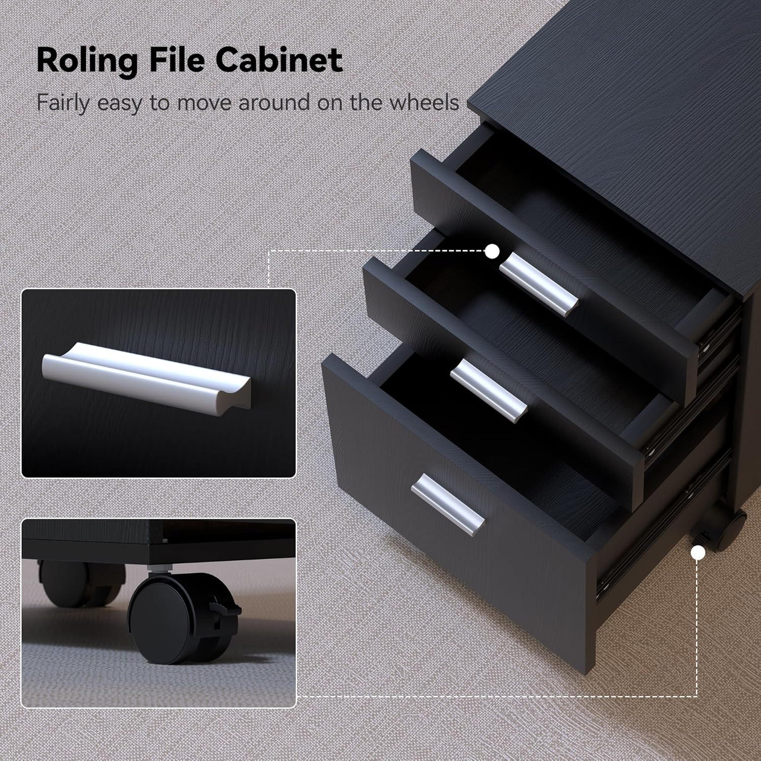 3 Drawer File Cabinet,Mobile on Wheels,Pre-Assembled Black Wooden Storage Organizer for A4/Letter Files,Under Desk Printer Stand,19" L x 16" W x 22" H​