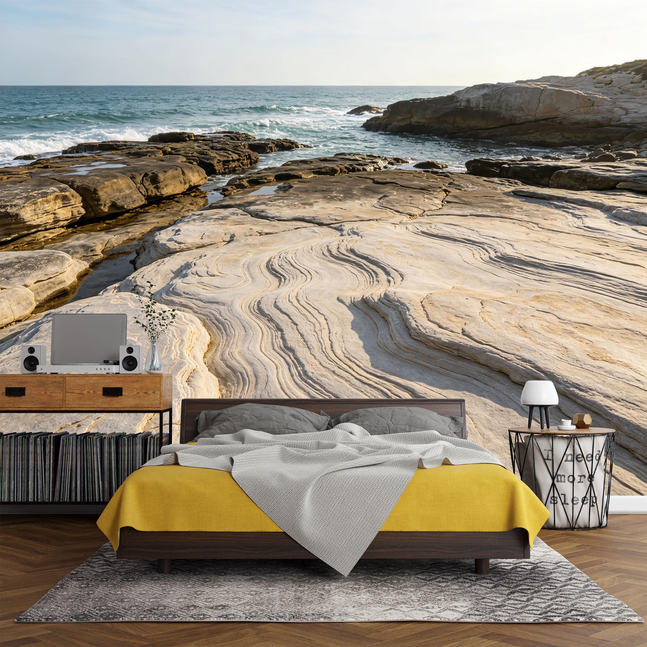 Custom Size Wall Mural， Coastal Rock Shoreline Ocean Waves Landscape Beach Cliff Texture，SelfAdhesive Art Prints wall Fabric (No PVC) Removable Wallpaper Living Room Decor